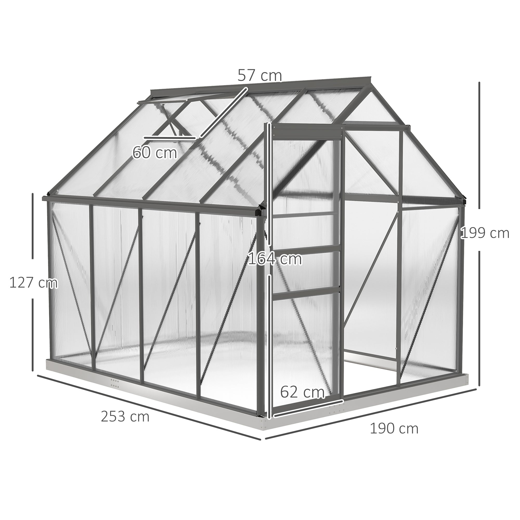 Fynco - 190 x 253 cm Walk-In Polycarbonate Greenhouse - Dark Grey