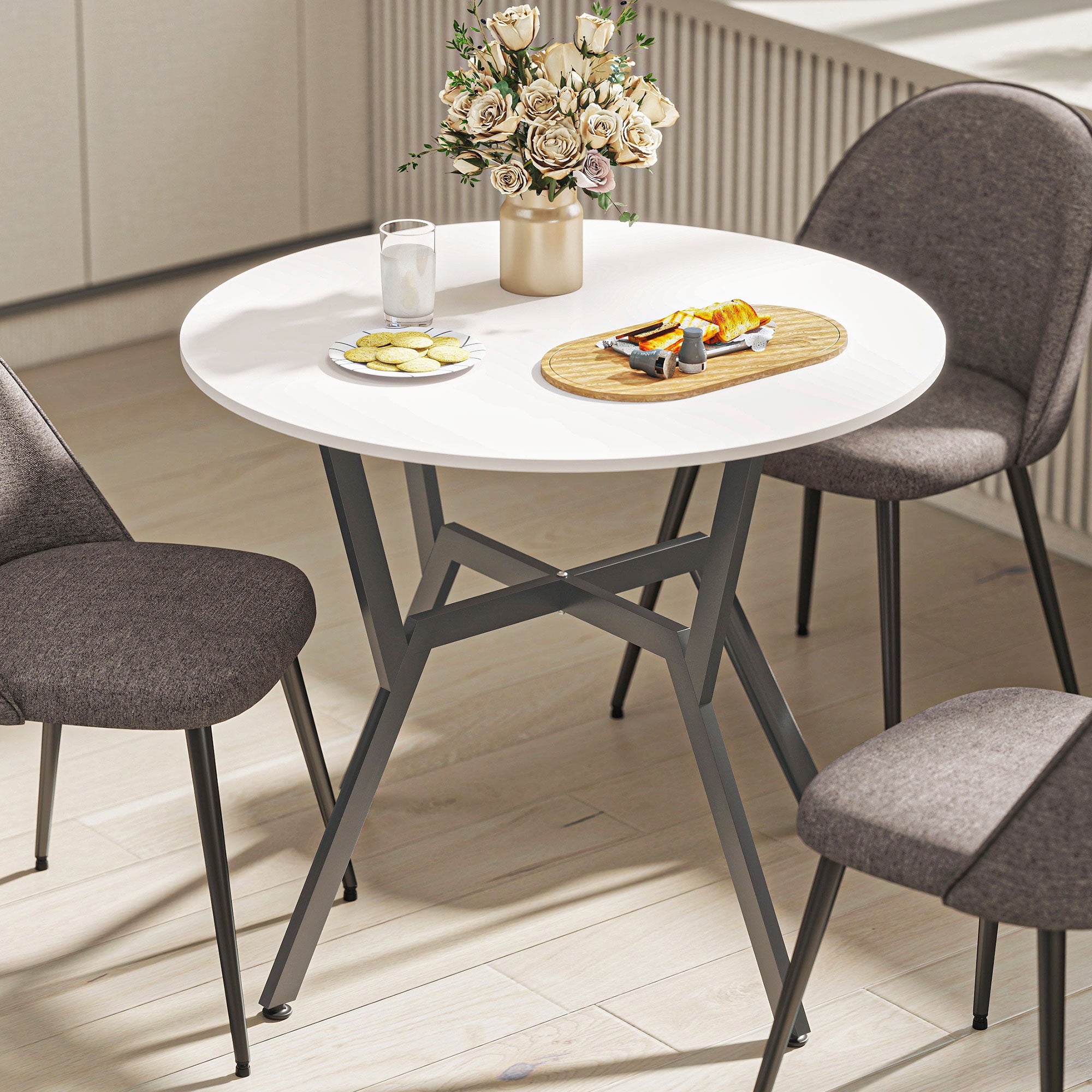 Fynco - Dining Table, Round Kitchen Table with Black Legs for Living Room, Dining Room 90 x 76 cm, High Gloss White