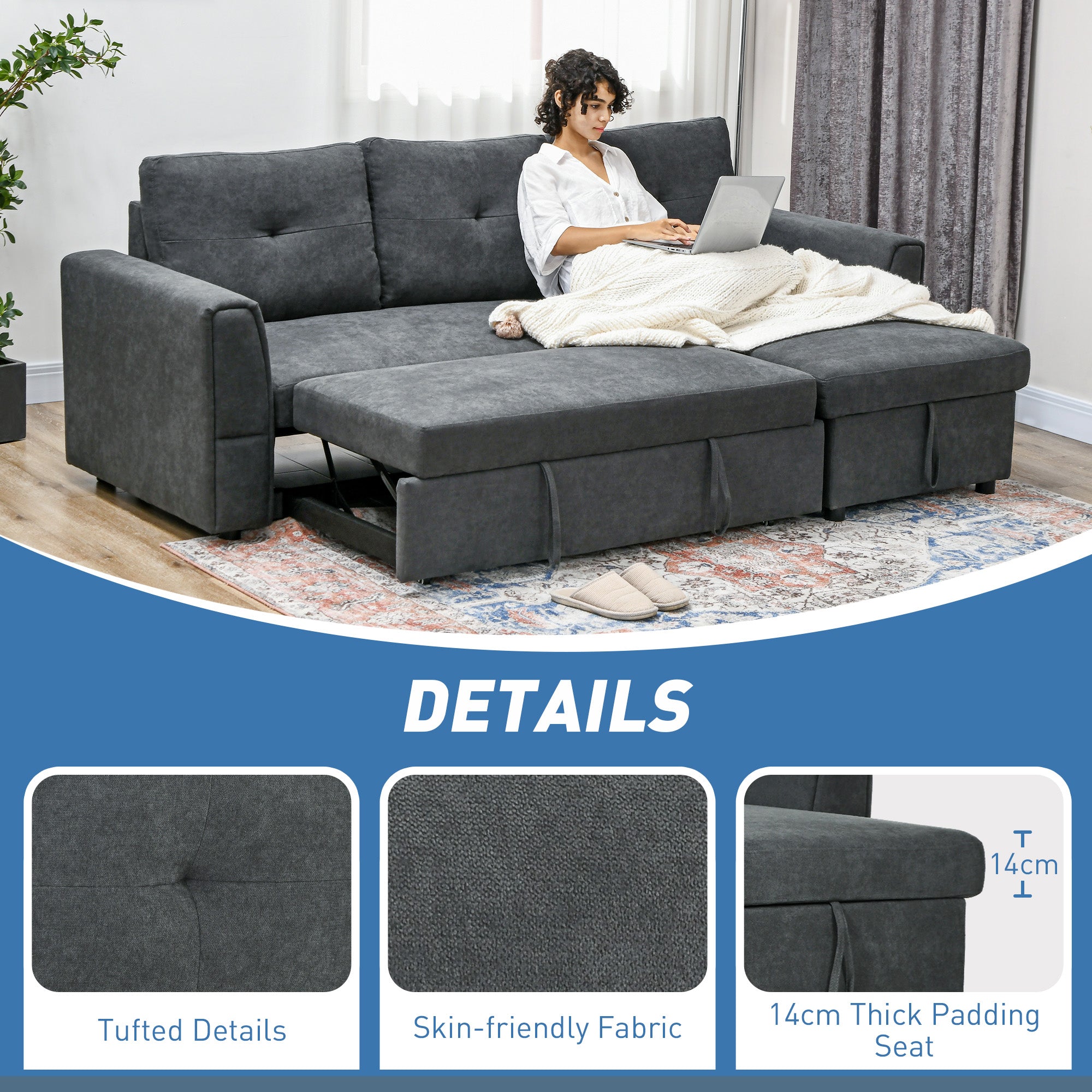 3 Seater Sofa Bed, L Shaped Pull Out Sofa Bed with Storage, Convertible Click Clack Settee Sectional Sleeper Futon for Living Room, Office, Dark Grey
