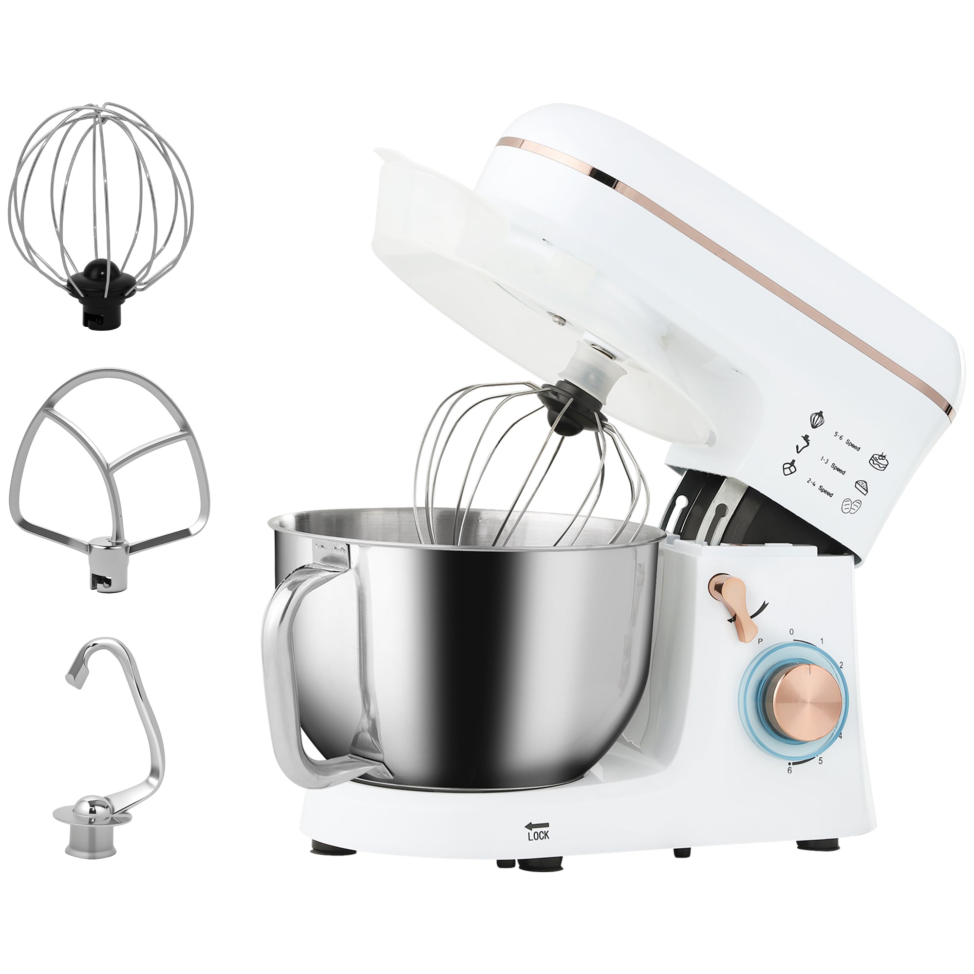 Stand Mixer, 5L Food Mixer for Baking, 6 Speeds and Pulse Setting, 1400W Cake Electric Kitchen Mixer with Dough Hook, Whisk, Stainless Steel Bowl, Splash Guard, Beater, White