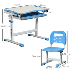 Kids Desk and Chair Set, Height Adjustable Student Writing Desk, Children School Study Table with Tiltable Desktop, Drawer, Pen Slot, Hook - Blue