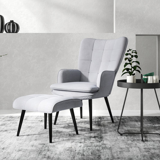 Armchair with Footstool, Living Room Chair, Linen Accent Chair for Bedroom, Home Study, Light Grey