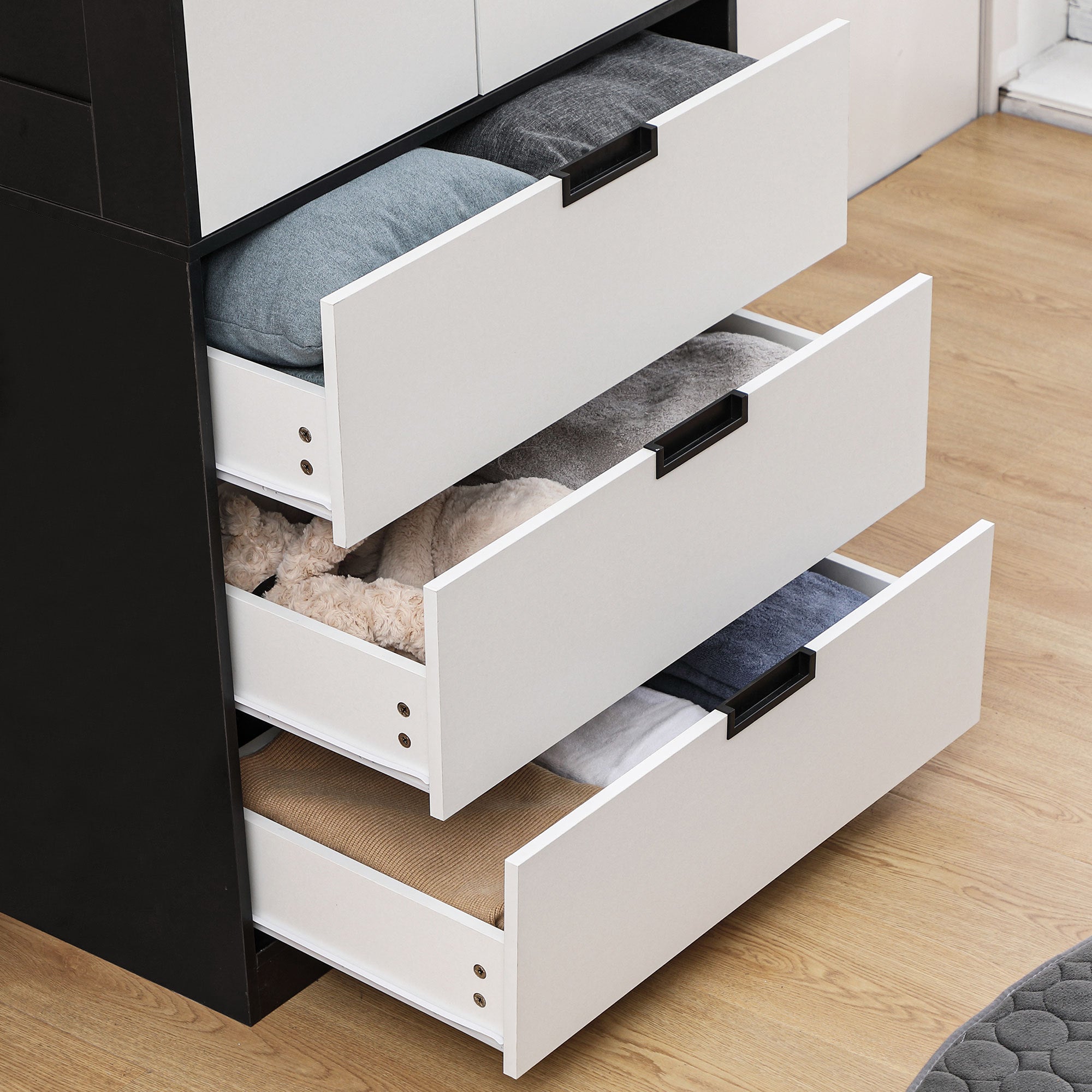 2 Door Wardrobe, Modern Wardrobe with 3 Drawers and Hanging Rod for Bedroom, Black