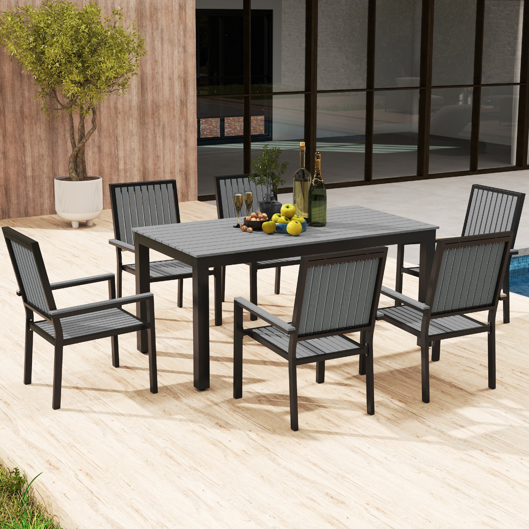 6 Seater Garden Dining Set with Stackable Chairs, Aluminium Frame, Rectangular Plastic Top, Garden Furniture Set, Outdoor Dining Table and Chairs for Patio, Balcony, Poolside, Grey