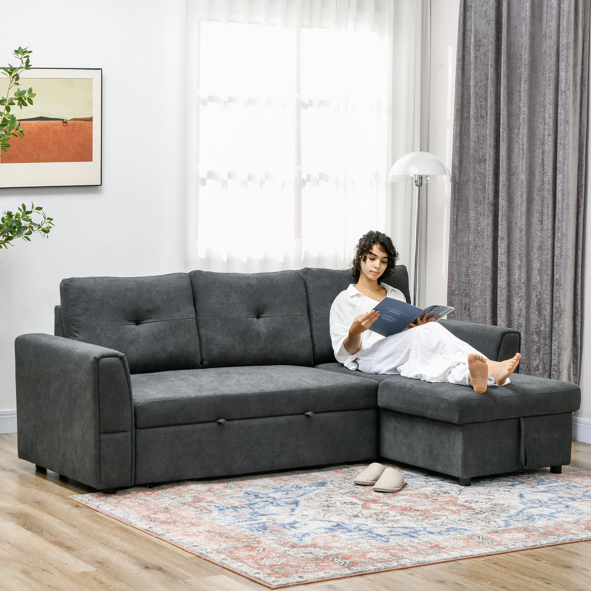 3 Seater Sofa Bed, L Shaped Pull Out Sofa Bed with Storage, Convertible Click Clack Settee Sectional Sleeper Futon for Living Room, Office, Dark Grey