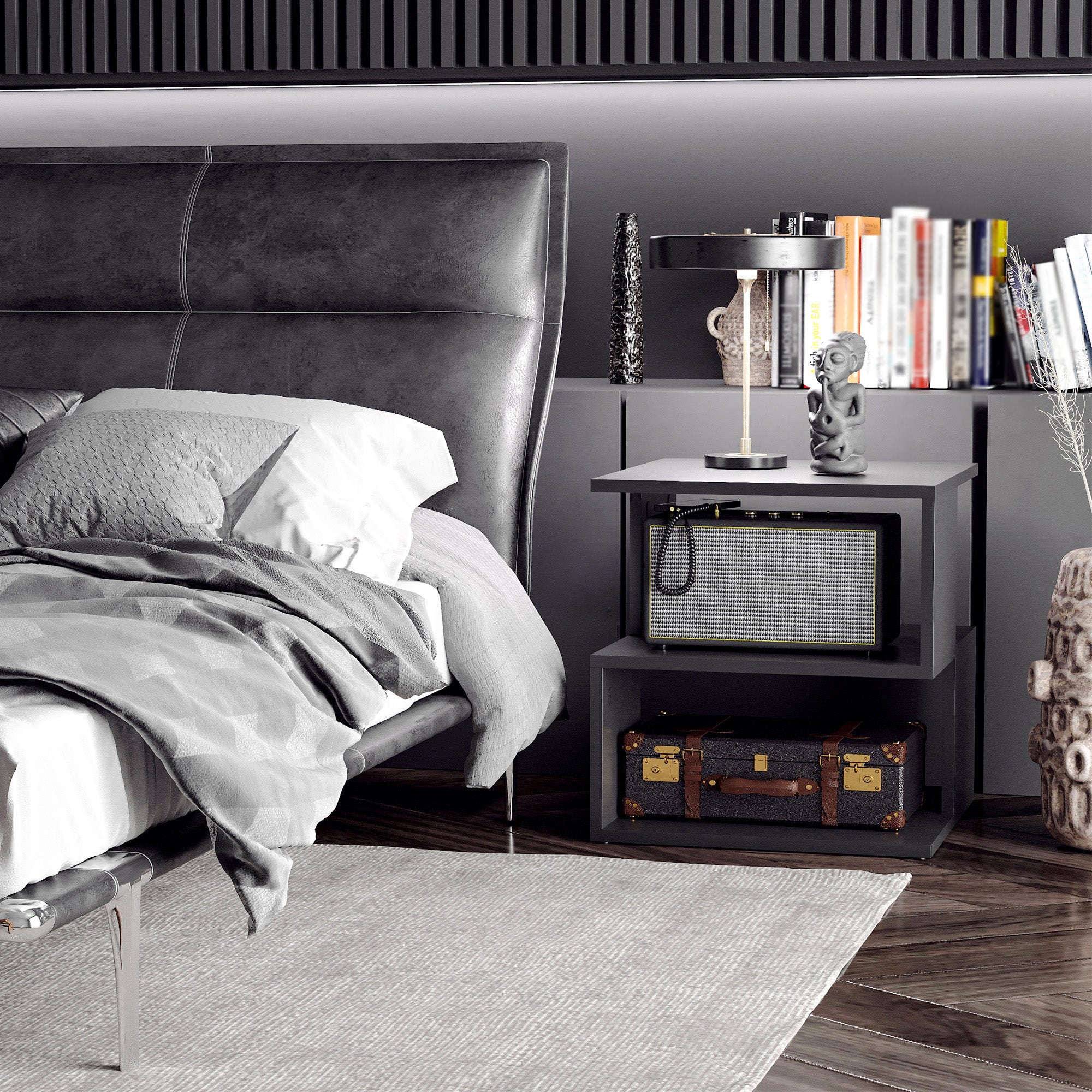 Set of 2 Side Table Square Coffee Table, Modern End Table with 2 Tier Storage Shelves for Living Room, Bedroom, Black