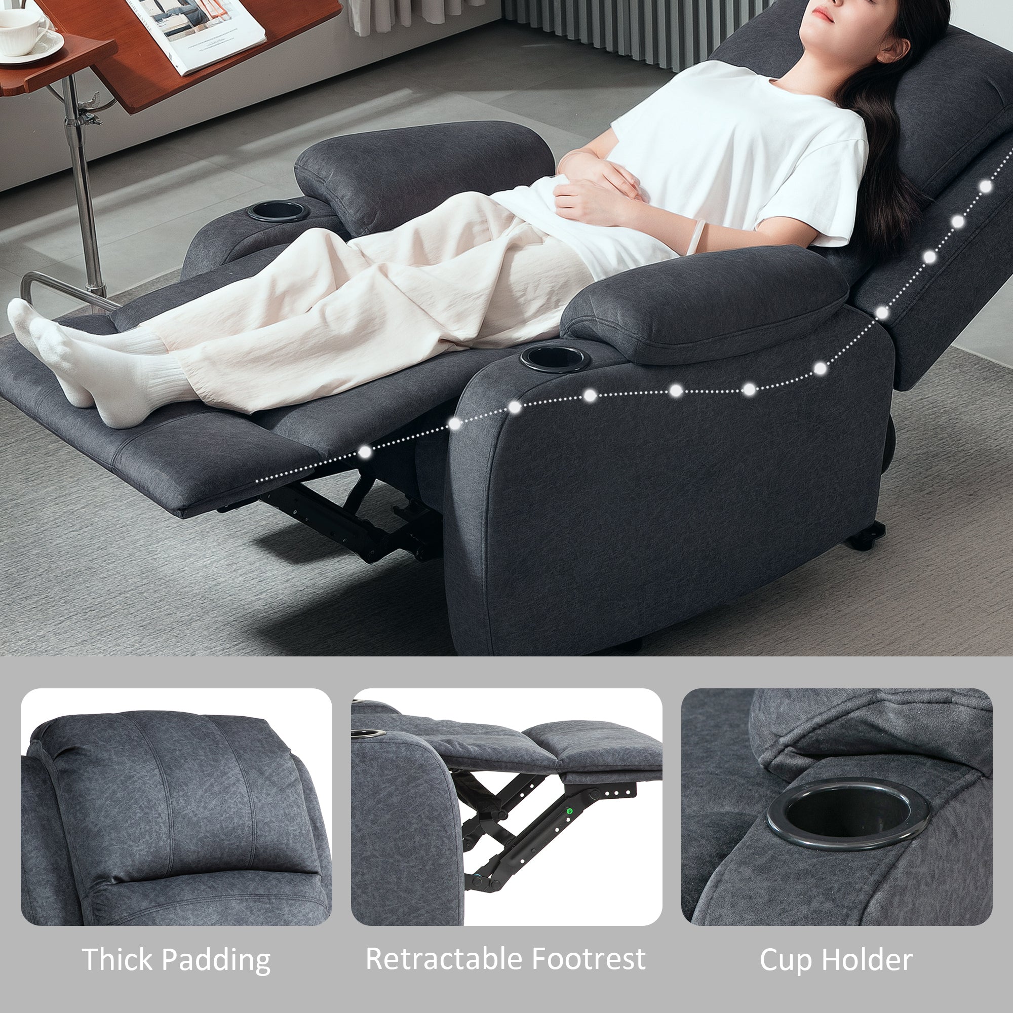 Microfibre Manual Reclining Armchair, with Footrest - Black