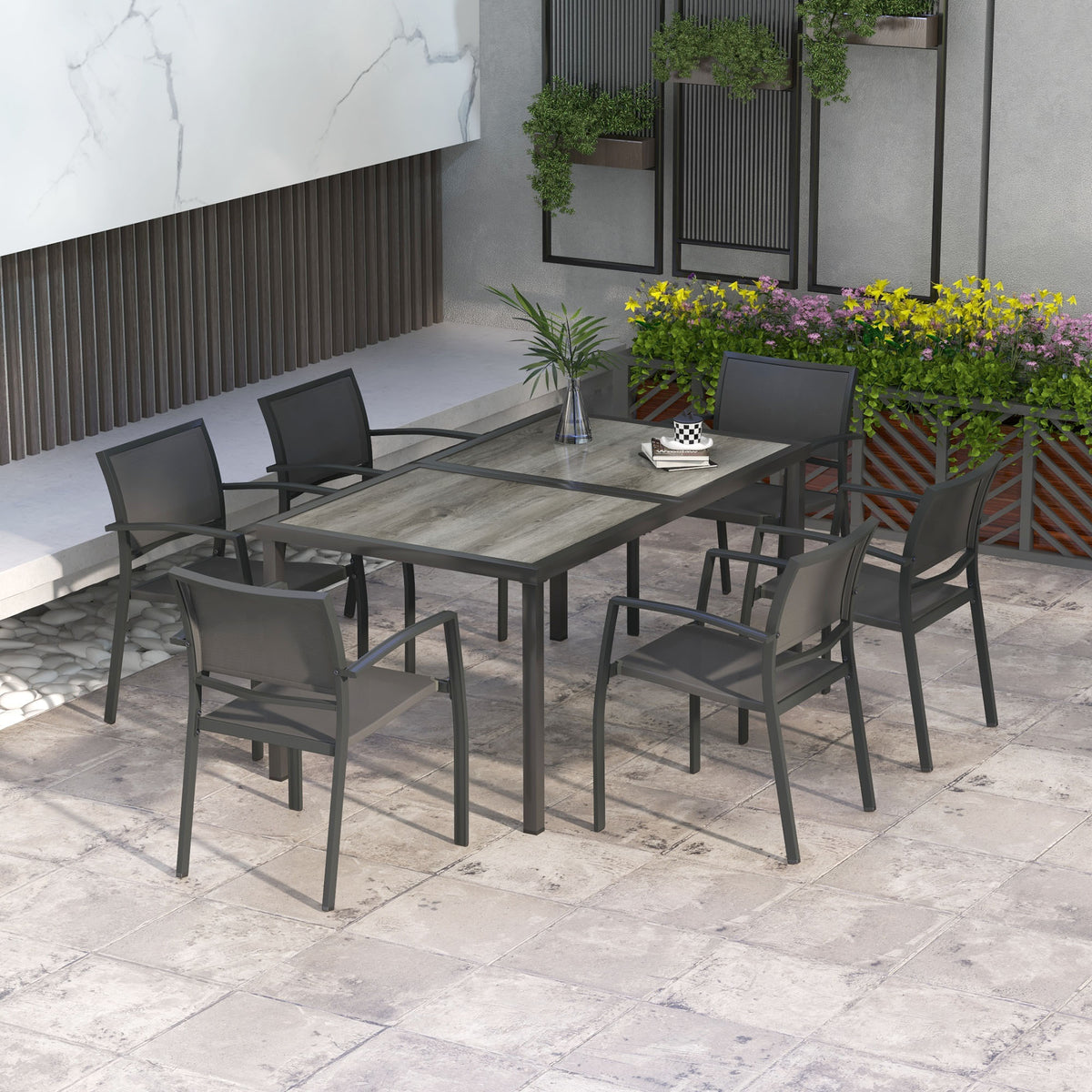 Seven-Piece Casual Outdoor Dining Set, with Wood-Effect Table - Grey