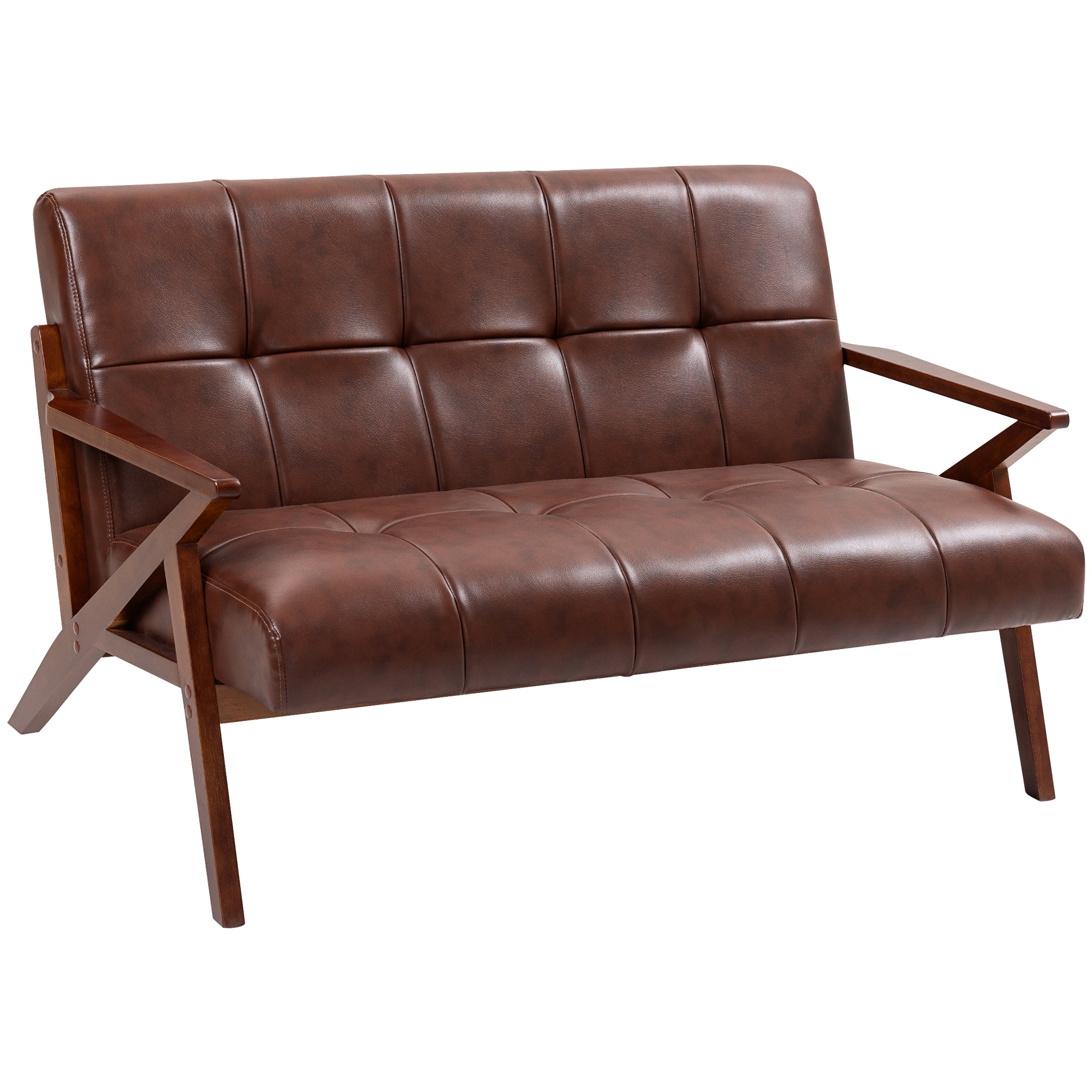 Compact 2 Seater Sofa, Vintage Tufted Loveseat Sofa with Solid Wood Legs, PU Leather Small Couch Settee for Living Room, Bedroom, Home Office, 133 x 81 x 785 cm, Brown