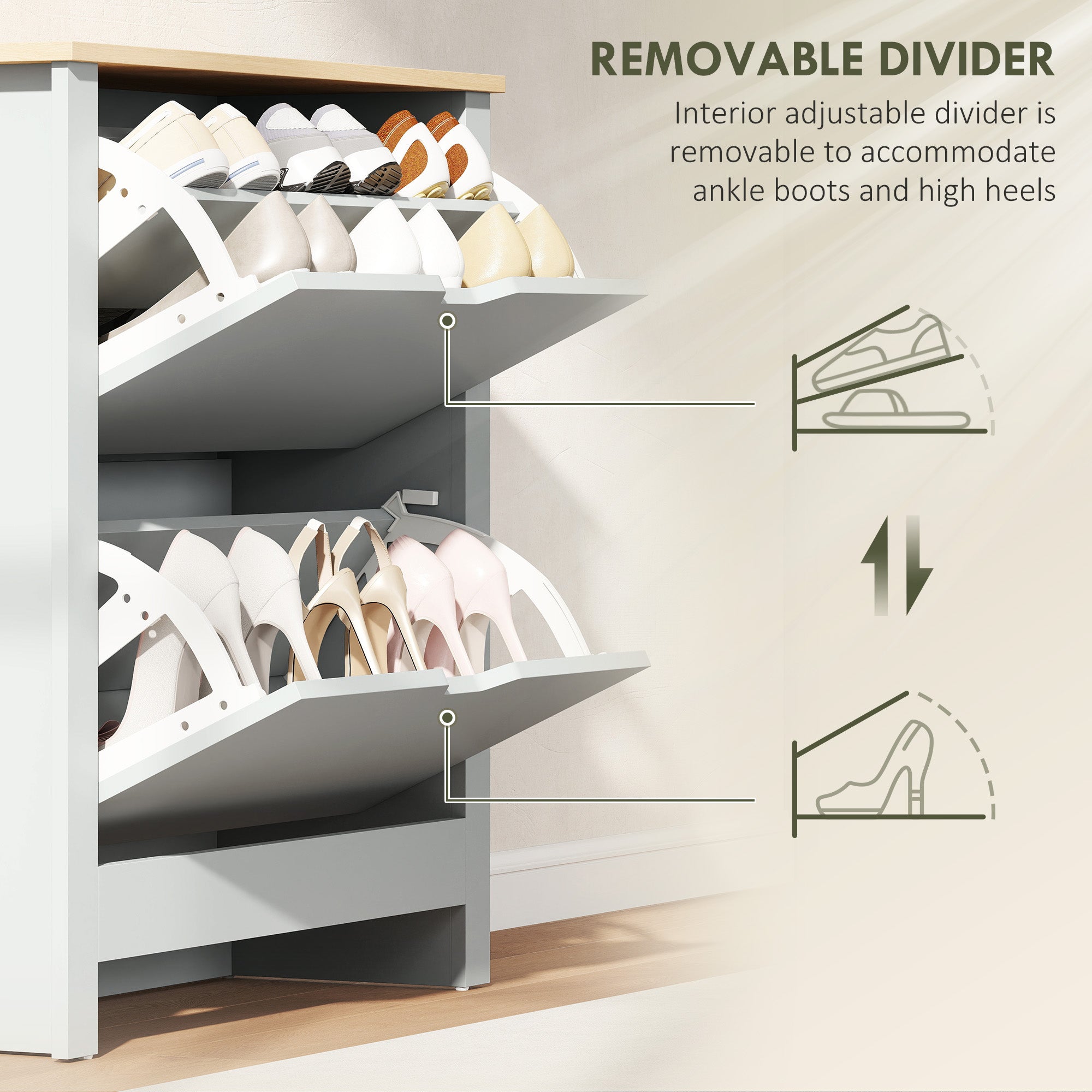 Fynco - Slim Shoe Cabinet, Narrow Shoe Cupboard with 2 Flip Drawers, Adjustable Shelves for 12 Pairs of Shoes, Light Grey