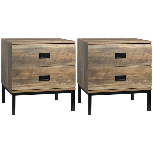 Retro Bedside Table, End Side Table with 2 Drawers, Metal Frame for Bedroom, Living Room, Set of 2, Coffee