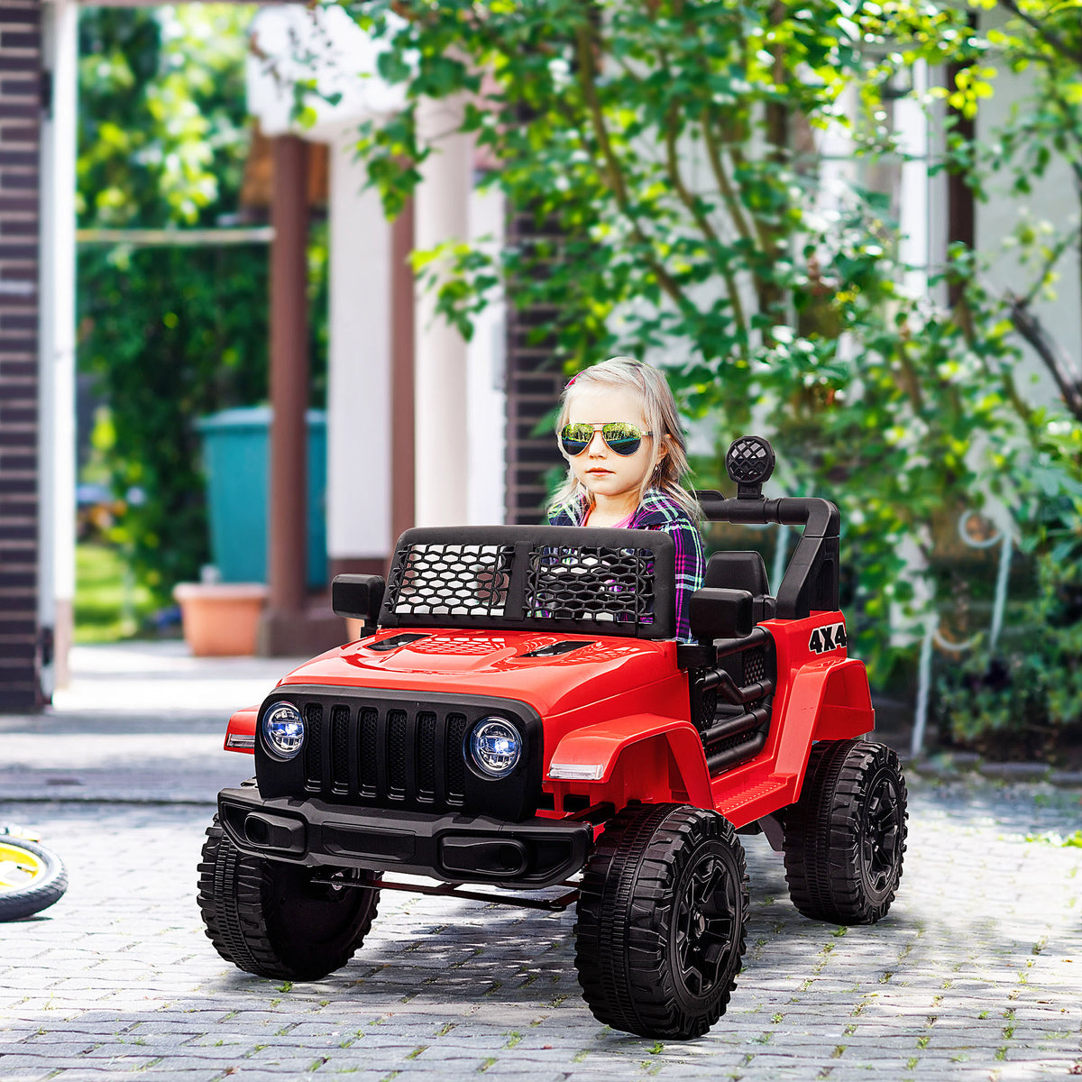 Kids Electric Ride On Car 12V Off Road Toy with Parental Remote Control 2 Motors Horn Lights Suspension Wheels for 3-6 Years Old Red