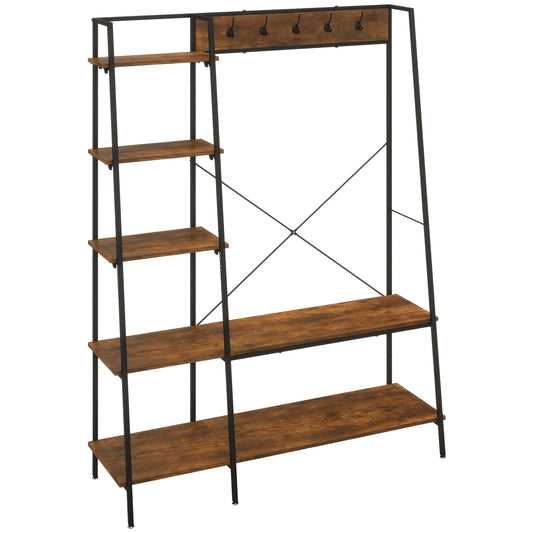 Clothes Rail, Metal Clothes Rack with Shoe Rack, 5 Tier Storage Shelves, 5 Side Hooks, Coat Stand for Bedroom, Living Room, Hallway, Rustic Brown and Black