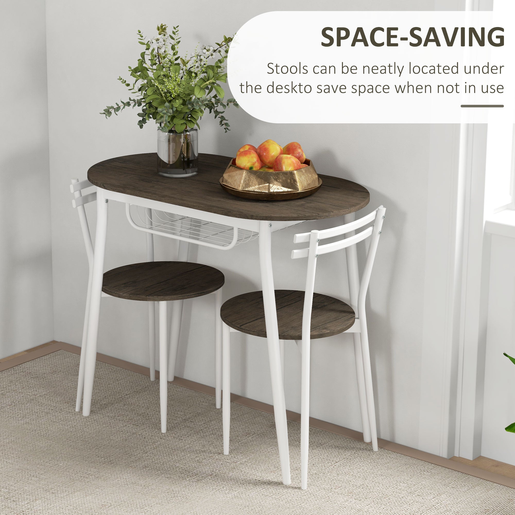 3-Piece Dining Table and Chairs Set, Oval Kitchen Table with 2 Chairs, with Wire Storage Shelf and Steel Frame, Natural