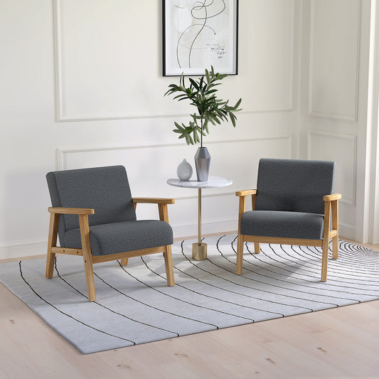Set of 2 Accent Armchair, Living Room Chair, Wooden Upholstered Single Lounge Chair with Rubber Wood Legs and Padded Seat , Leisure Sofa Chair for Bedroom Office, Dark Grey