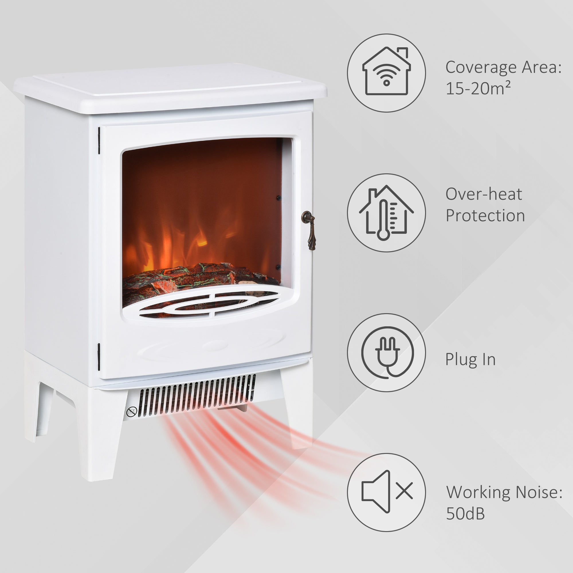 Fynco - Electric Fireplace Stove, Free standing Fireplace Heater with Realistic LED Flame Effect, Overheat Safety Protection, 900W/1800W, White