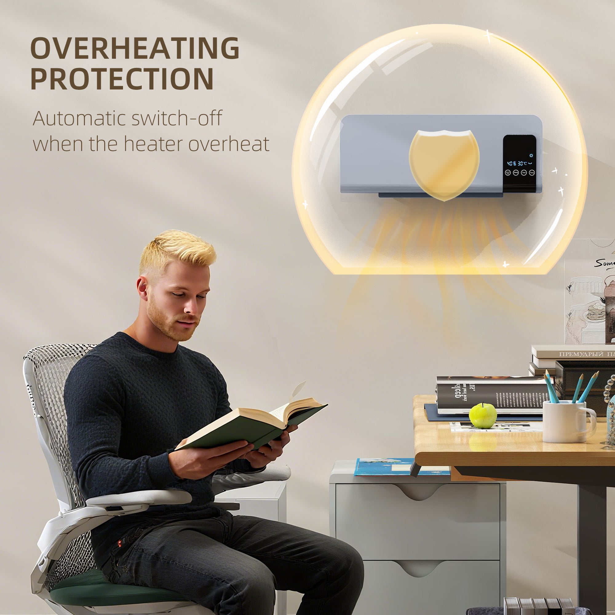 Fynco - 2000W Wall Mounted Heater, 18-45°C Temperature, Grey