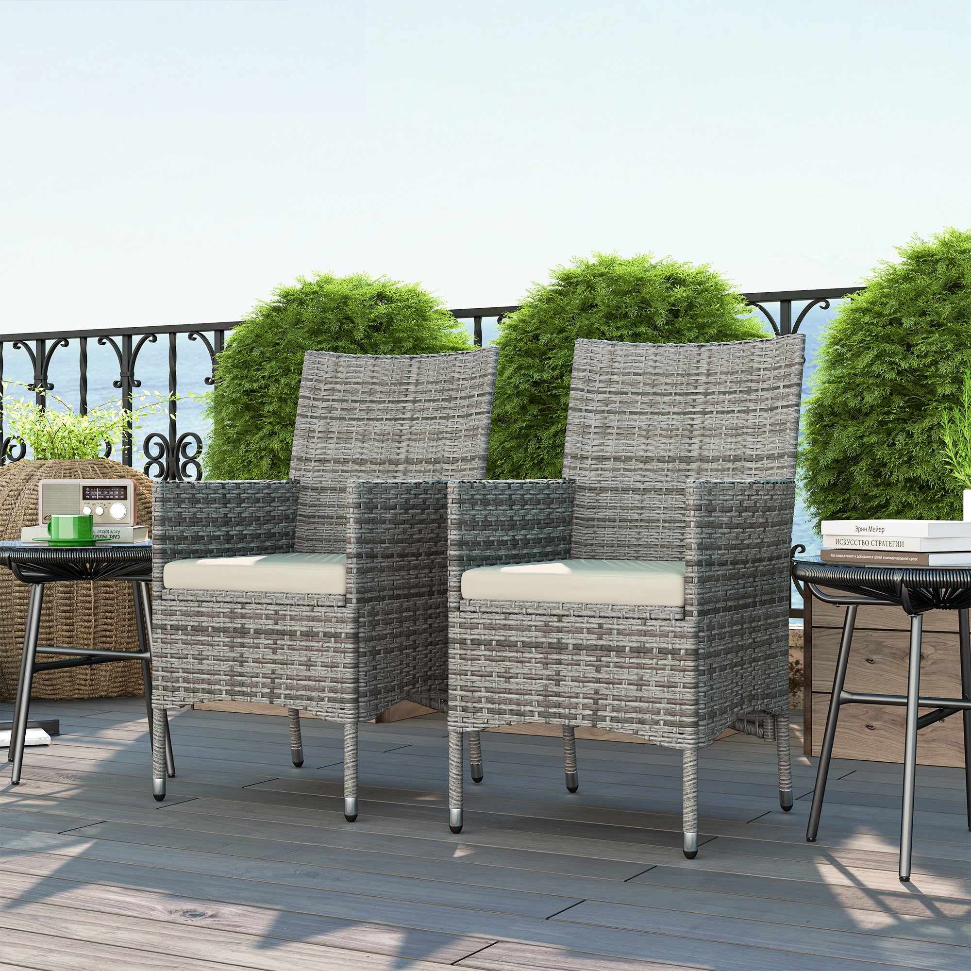 2 Pieces Rattan Garden Chairs Dining Chair Set with Cushion, Mixed Grey