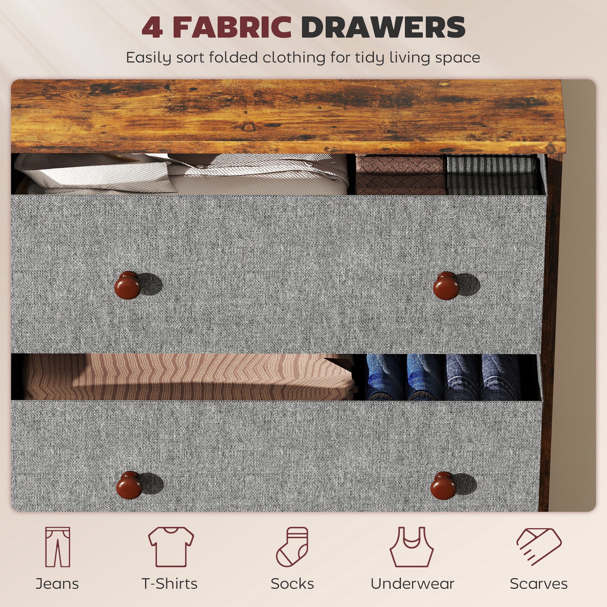Chest of Drawers, Dresser with 4 Fabric Drawers - Grey and Rustic Brown