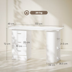 Fynco - Computer Desk, Writing Table, PC Workstation with 3 Storage Shelves and Drawers, Silver Handle, for Home Office, White