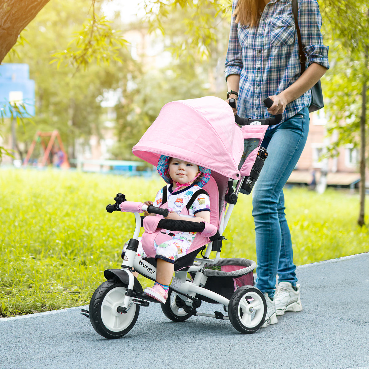 6 in 1 Kids Trike with Parent Handle, Canopy, 5-point Safety Belt, Storage, Footrest, Brake, for 1-5 Years, Pink
