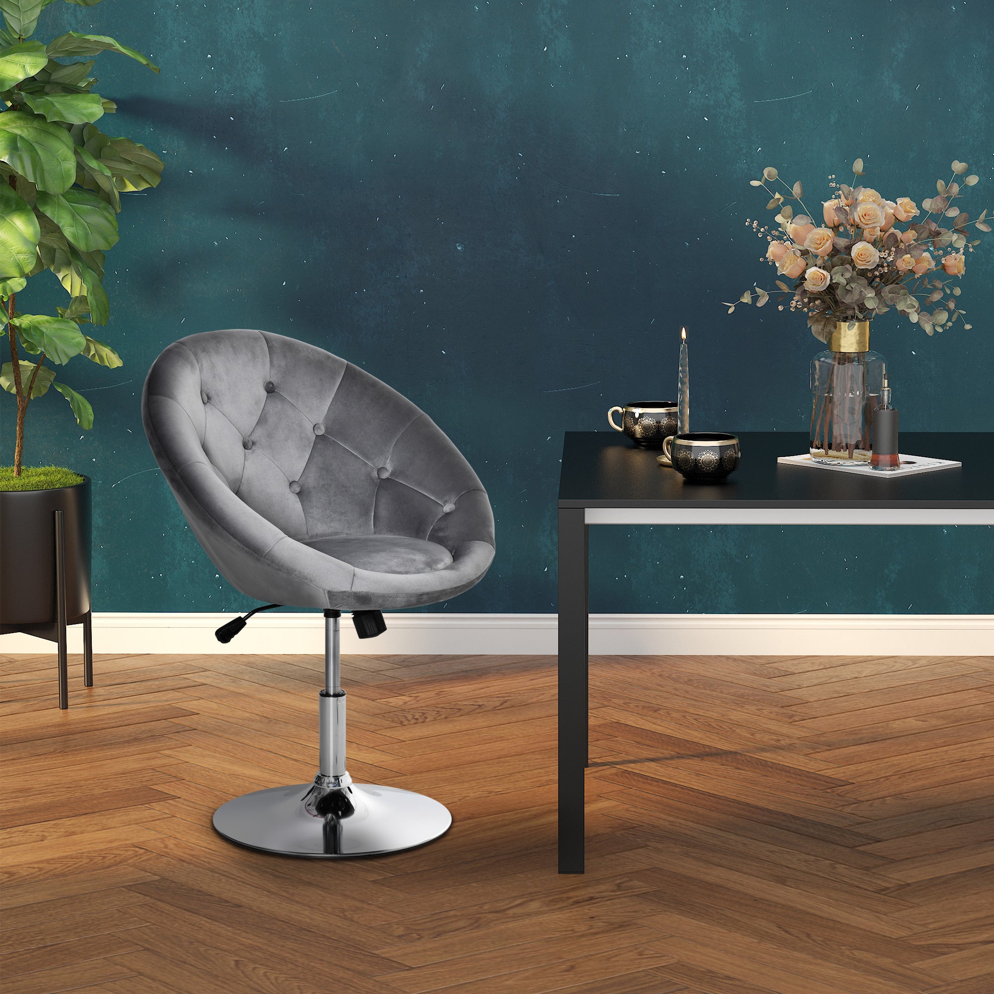 Swivel Dressing Stool, Velvet-feel Upholstered Vanity Chair, Adjustable Height Tub Makeup Chair with Button Tufting and Thick Padding for Bedroom, Grey