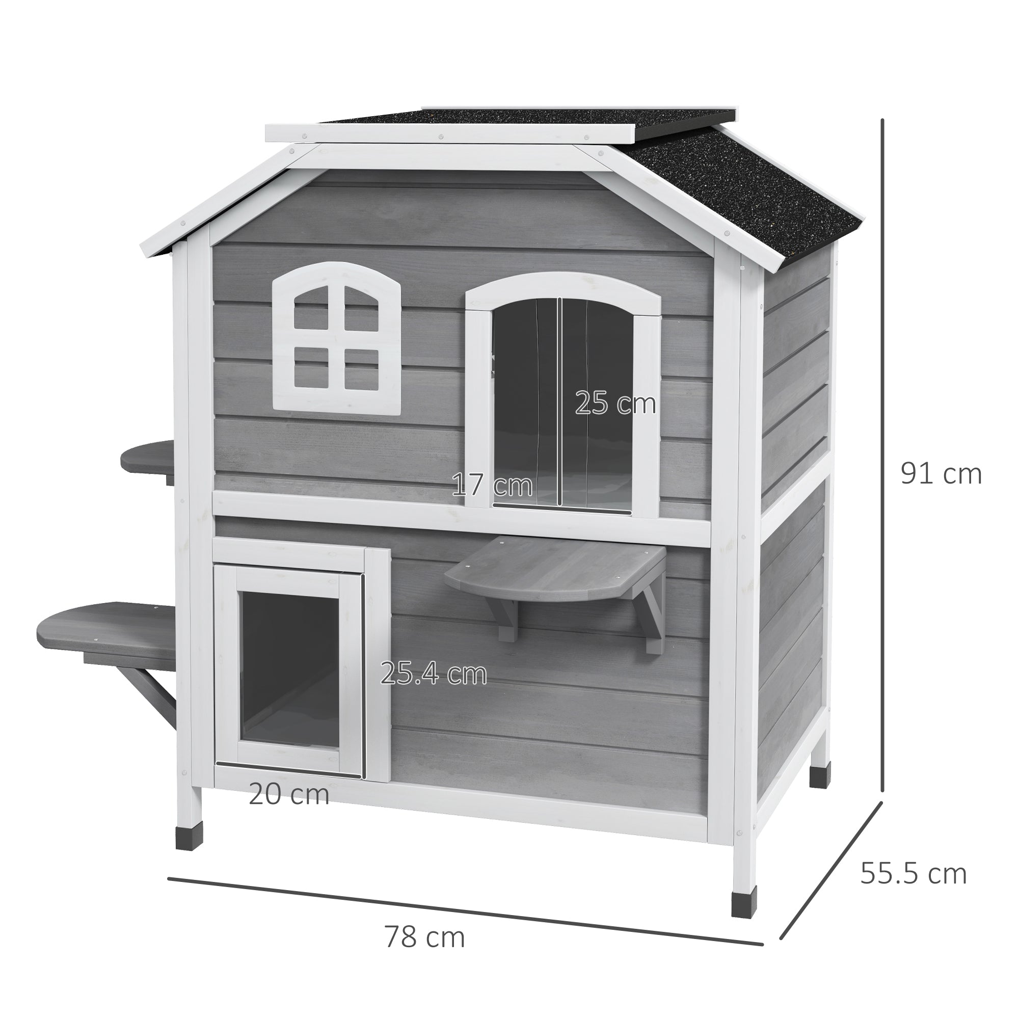 2-story Cat House Outdoor, Weatherproof Wooden Cat Enclosure for Feral Cats with Escape Door, Openable Roof, Jumping Platforms, Grey