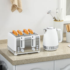 Stainless Steel Kettle and Toaster Set, 1.7L 3000W Rapid Boil Jug Kettle with UK Strix Thermostat, Limescale Filter, 4 Slice Toaster with 7 Browning Controls, Crumb Tray, White and Silver Tone