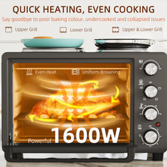 28L Mini Oven with 2 Hot Plates, Countertop Toaster Oven, Grill, Roast, Bake, Boil, with Timer, Adjustable Temperature, Electric Oven with Baking Tray, Grill Rack, Crumb Tray, 2600W, Black