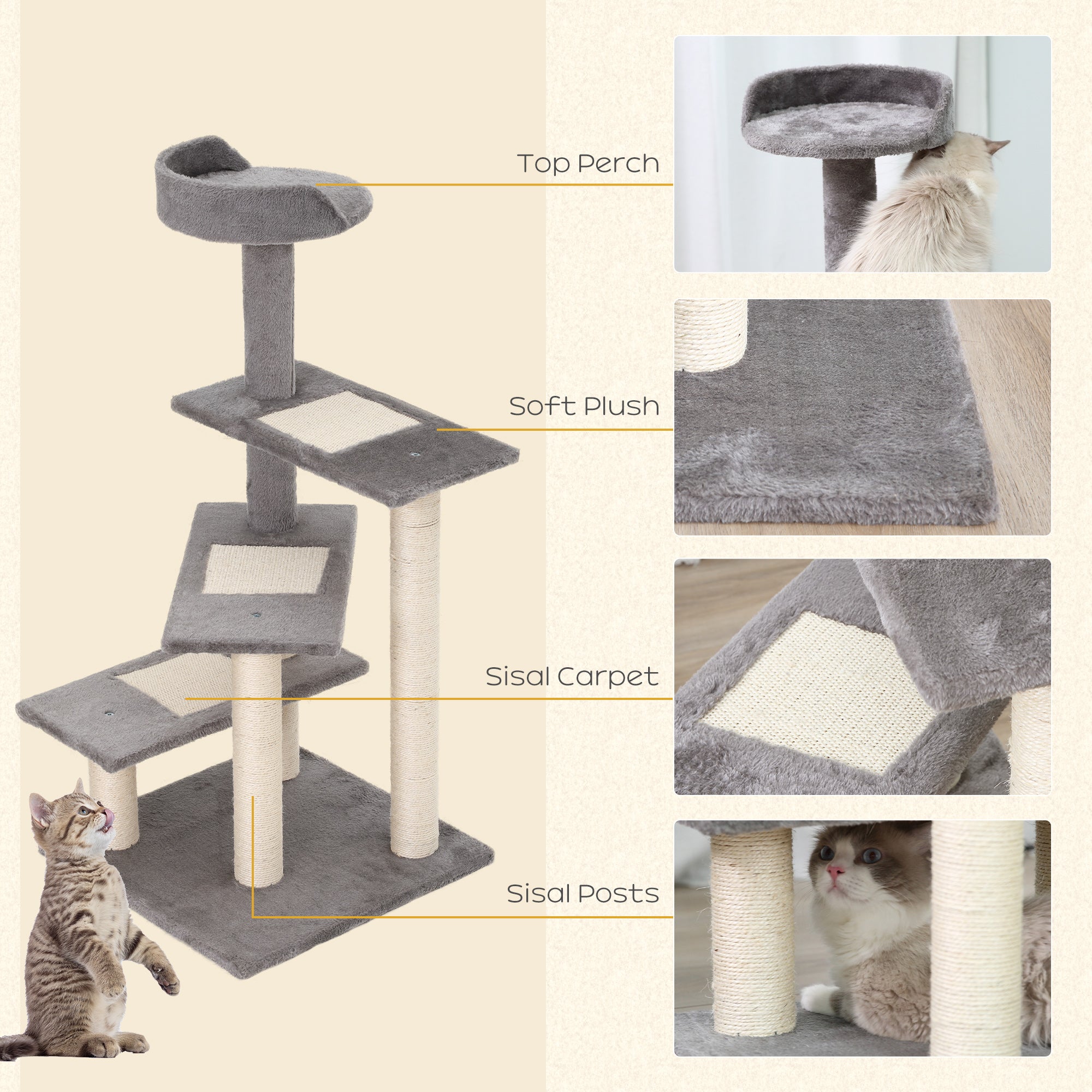 100 cm Cat Tree for Indoor Cats Kitten Scratch Scratching Post Climbing Tower Activity Centre Grey