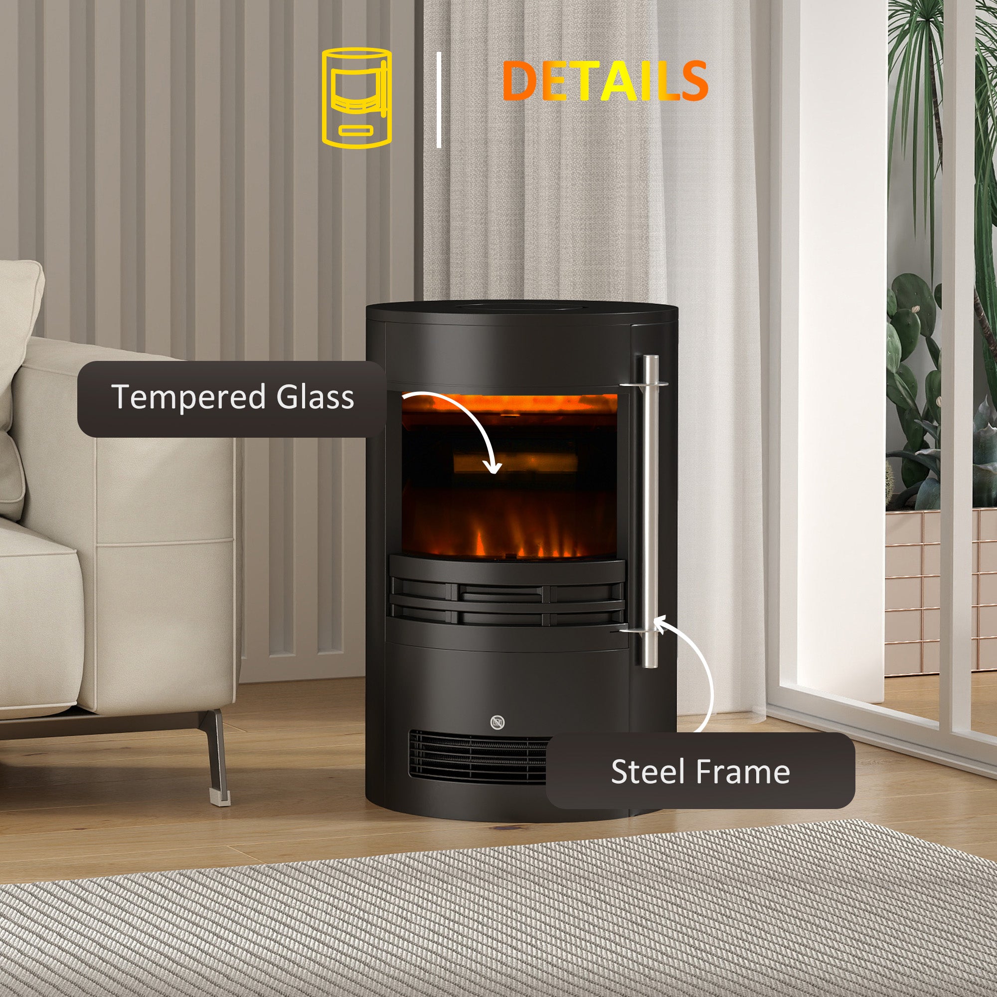 Fynco - 1000W/2000W Freestanding Electric Fireplace, Indoor Heater Fire Stove with Log Burner Effect Flame, Thermostat Control