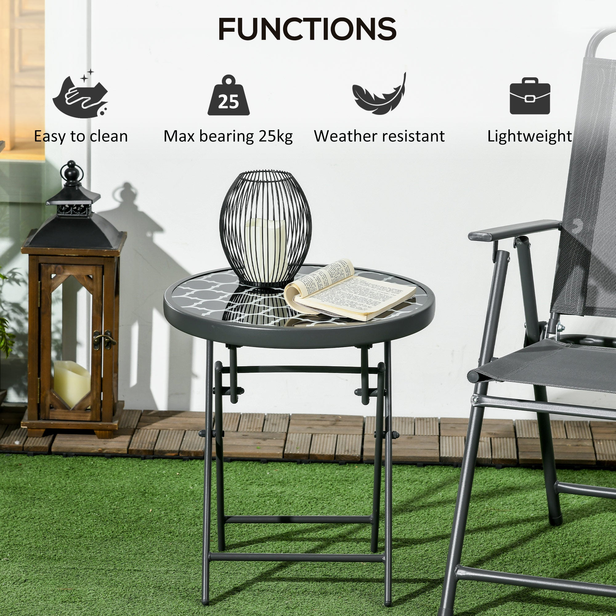 Φ45cm Garden Side Table, Outdoor Round Folding Patio Table with Imitation Marble Glass Top, Small Coffee Table, Black and White