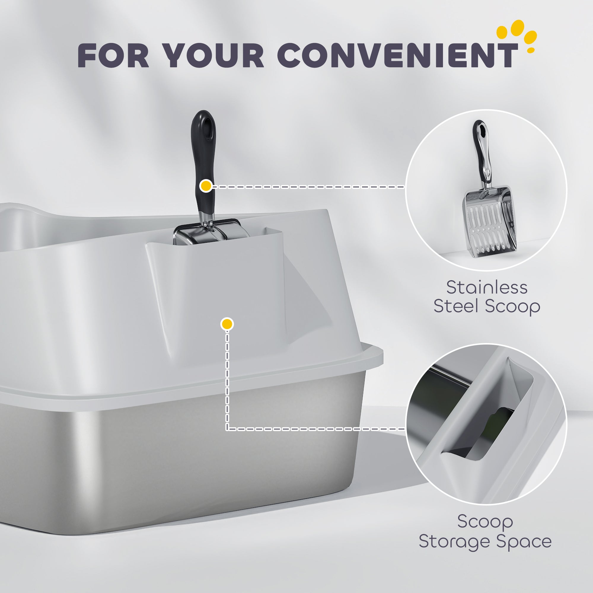 XXL Stainless Steel Cat Litter Box with High Sides, Metal Scoop, 70 x 50 x 30 cm
