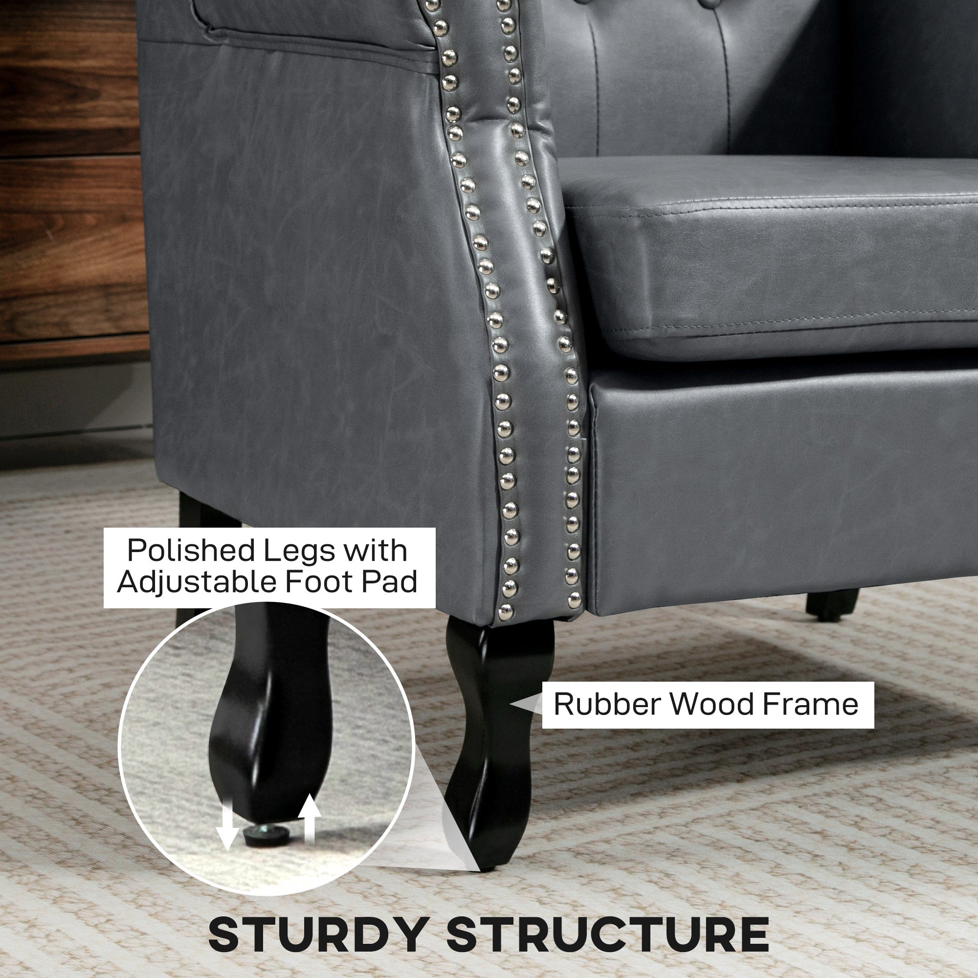 Fynco - Wingback Accent Chair Tufted Chesterfield-style Armchair with Nail Head Trim for Living Room Bedroom Grey