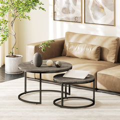 Industrial Nesting Coffee Table Set of 2, Round Coffee Tables, Living Room Table with Faux Marbled Top and Steel Frame