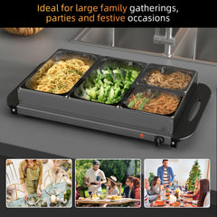 4 Tray Electric Food Warmer Buffet Server with Warming Plate, Cool Touch Handles, Adjustable Temperature, 300W, 2 x 2.4L and 2 x 1L Pans