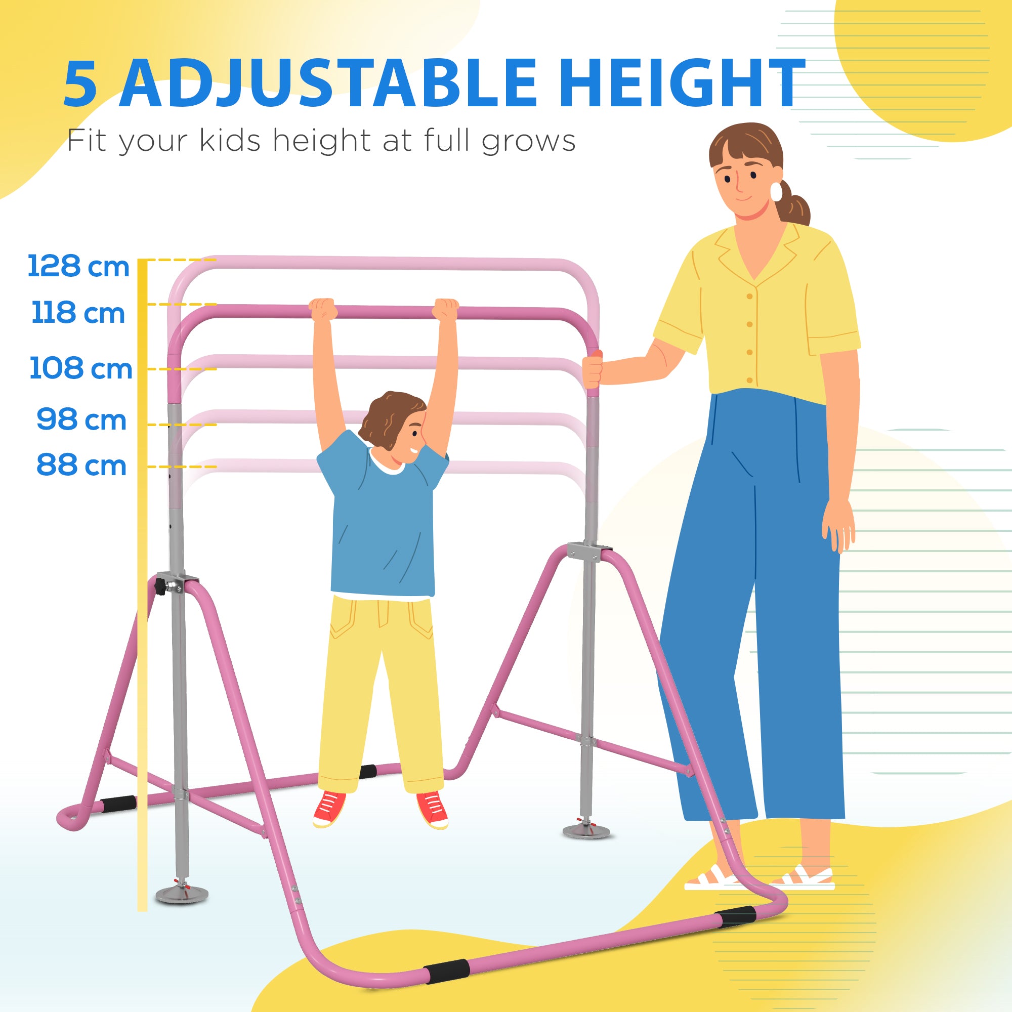 Kids Gymnastic Bar, with Adjustable Height, Foldable Horizontal Bars - Pink
