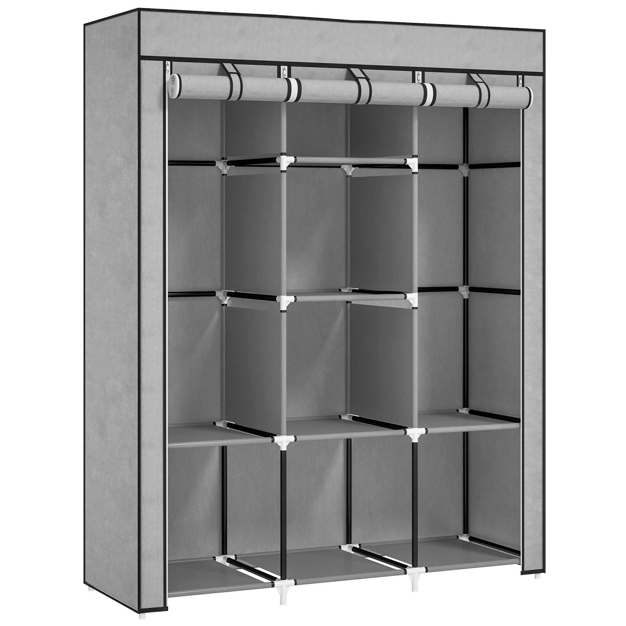 Fabric Wardrobe, with Rails and Shelves - Light Grey