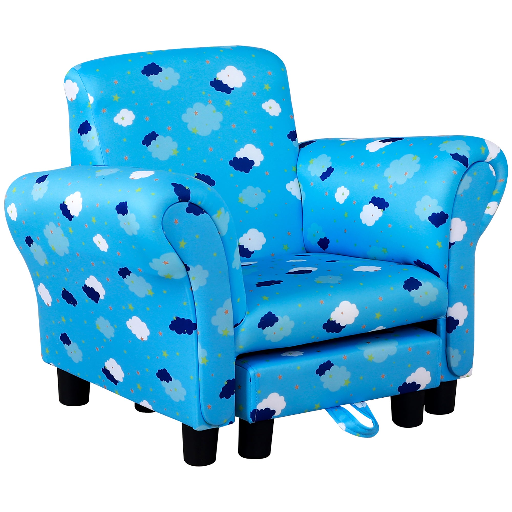 Toddler Chair Children's Armchairs Wood Frame w/ Footrest Anti-Slip Legs High Back Arms for Bedroom Playroom Cute Cloud Star Blue