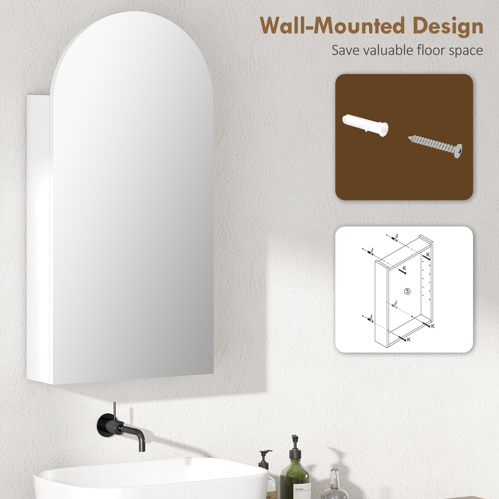 Fynco - Arched Bathroom Mirror Cabinet with Adjustable Glass Shelves - White