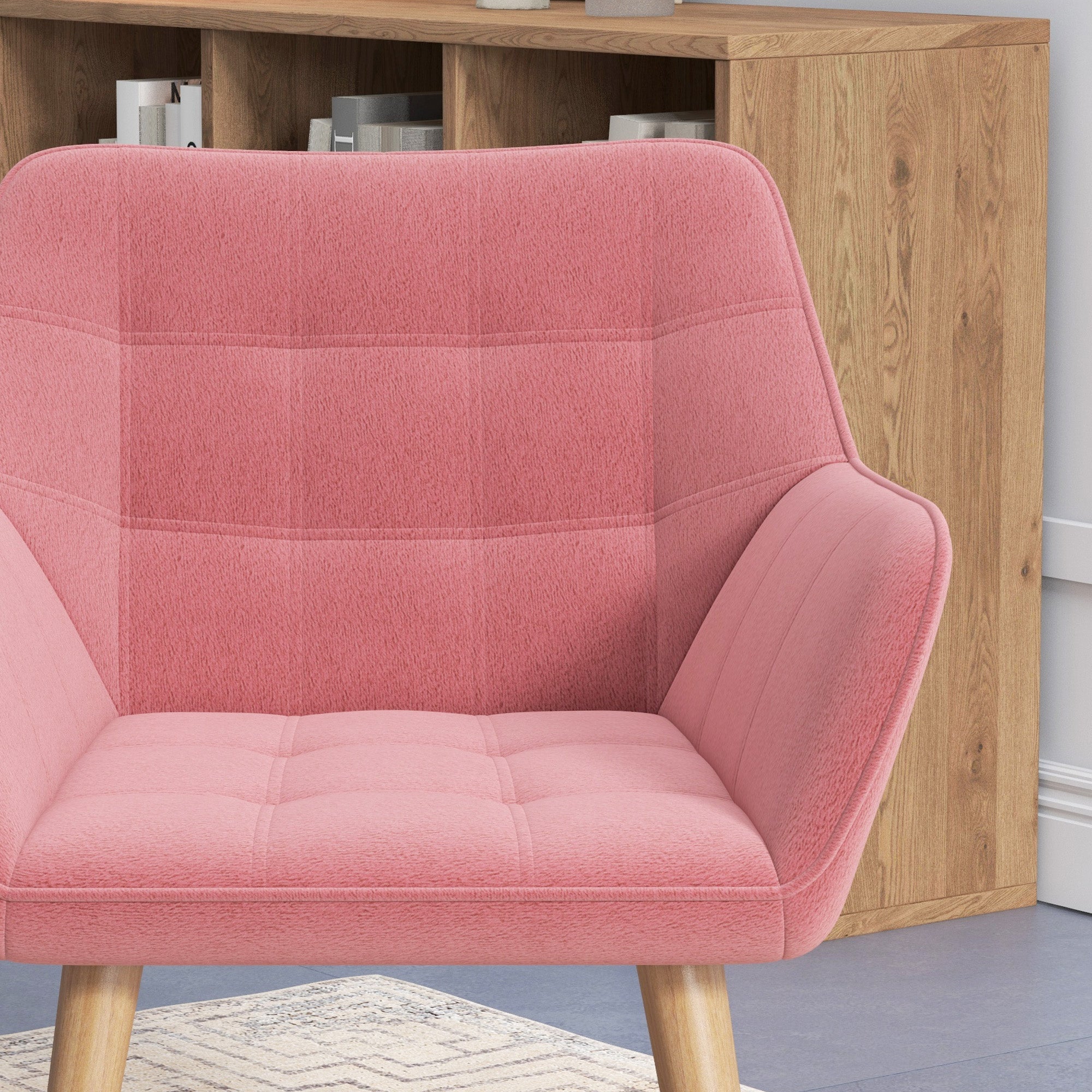Set of 2 Accent Chair, Arm Chair with Slanted Back, Thick Padding and Rubber Wooden Legs for Living Room, Pink