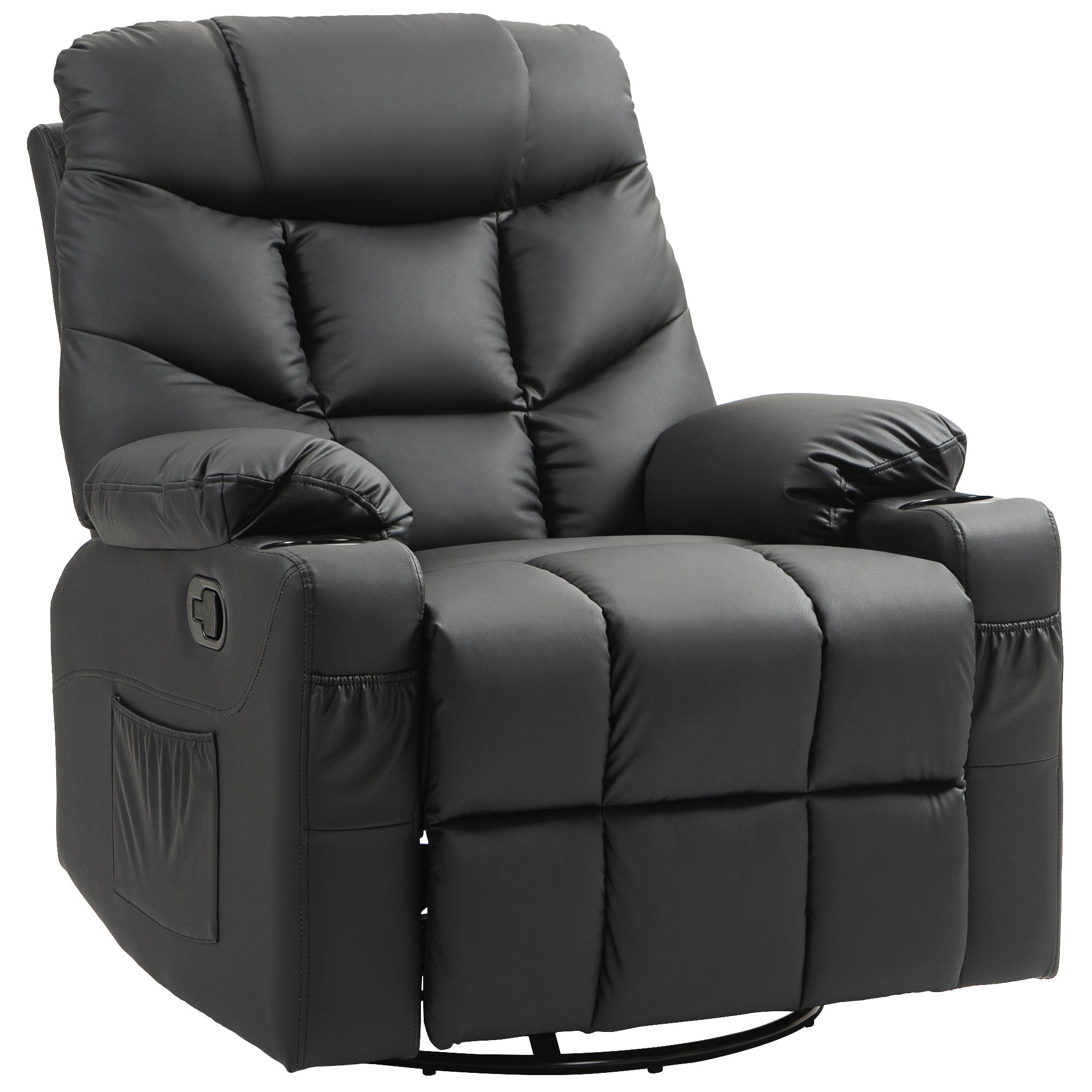 Manual Reclining Chair, Recliner Armchair with Swivel, Faux Leather, Footrest, Cup Holders, 86x93x102cm, Black