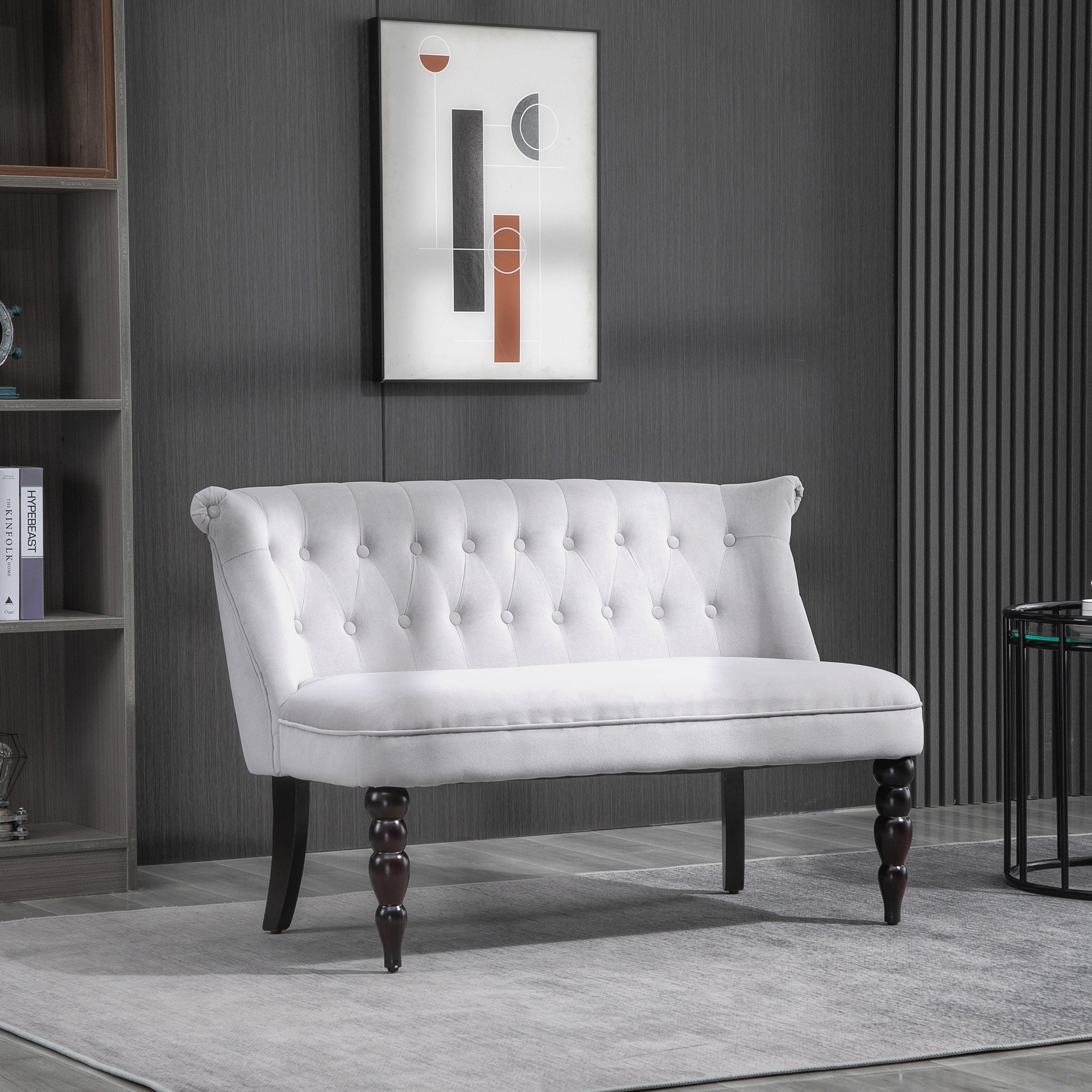 Loveseat with Wood Frame, Compact 2 Seater Sofa, Button Tufted Chaise Lounger with Carved Legs, Vintage Design for Bedroom Living room, Grey