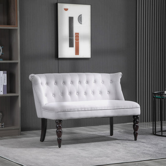 Loveseat with Wood Frame, Compact 2 Seater Sofa, Button Tufted Chaise Lounger with Carved Legs, Vintage Design for Bedroom Living room, Grey