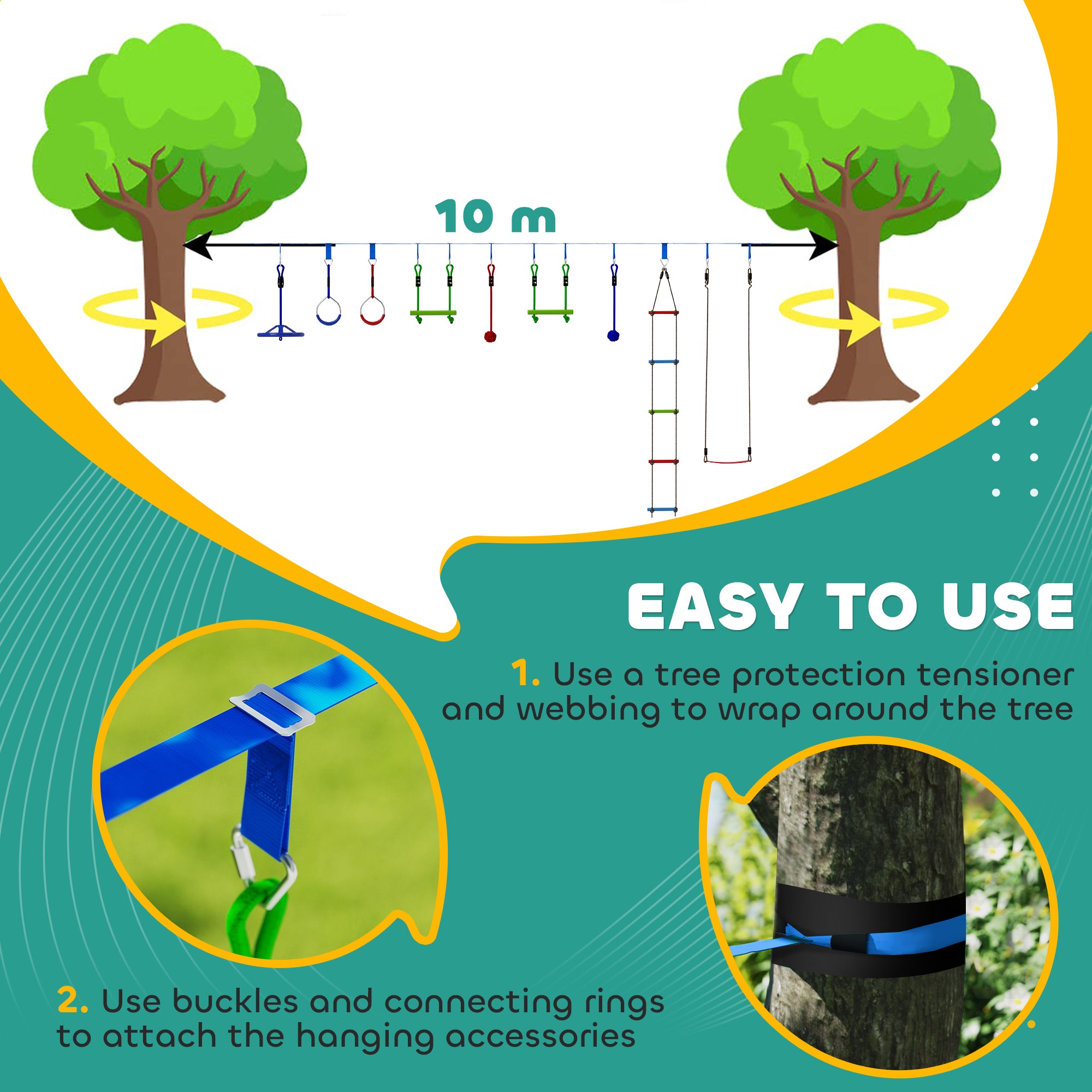 AIYAPLAY 10-Piece Zip Line Kit for Kids with 10m Slackline, Monkey Bars, Swing, Climbing Ladder, Hanging Tray, Metal Rings