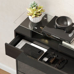 Fynco - Shoe Storage Cabinet with Slide Out Drawer, 2 Flip Doors, Tempered Glass Top - Black