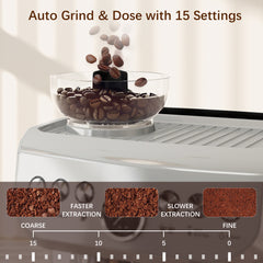 15 Bar Coffee Machine, with Adjustable Grind, Steamer and Accessories - Silver Colour