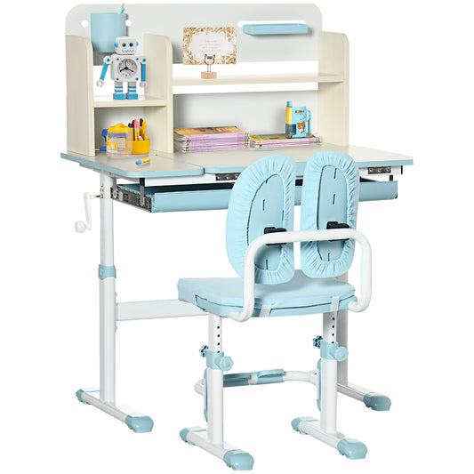 Kids Desk and Chair Set, with Storage Shelves, Washable Cover, for Ages 3-12 Years - Blue