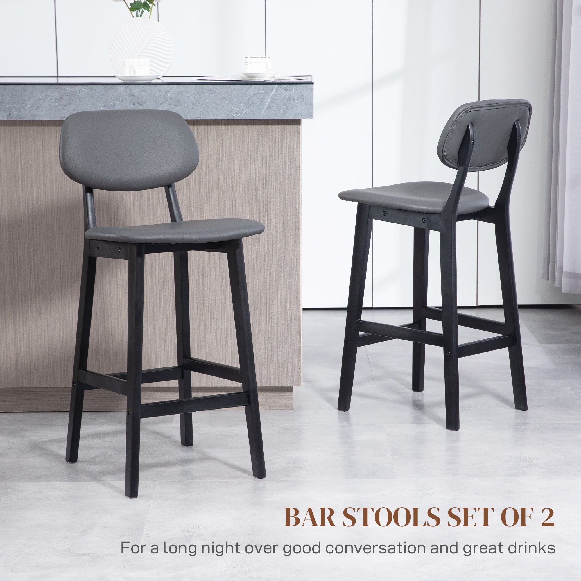 Bar Stools Set of 2, Breakfast Bar Chairs, PU Leather Upholstered Kitchen Stools with Backs, Footrests and Solid Wood Legs, Dark Grey