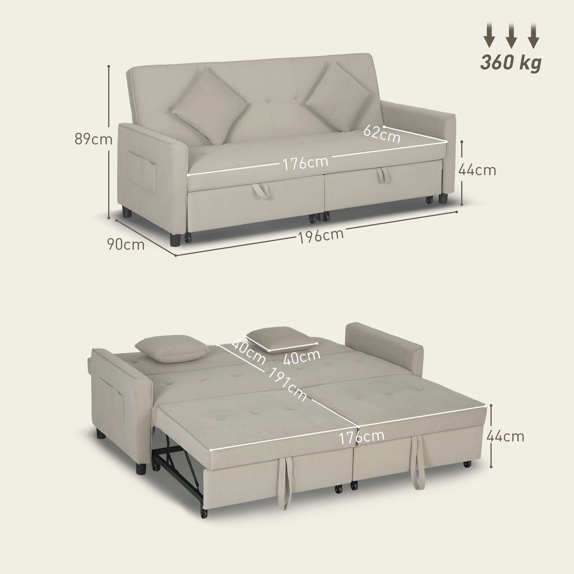 Three-Person Velvet-Feel Sofa Bed - Beige